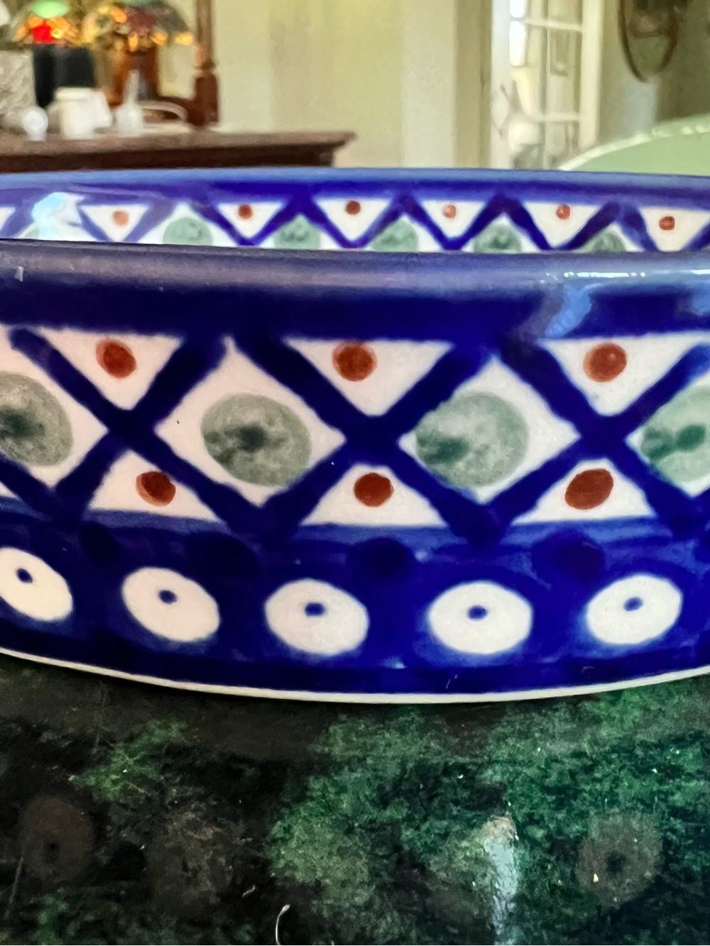 Polish Hand-Painted Oval Ceramic Bowl in Cobalt Blue and Cream - Picture 3 of 7
